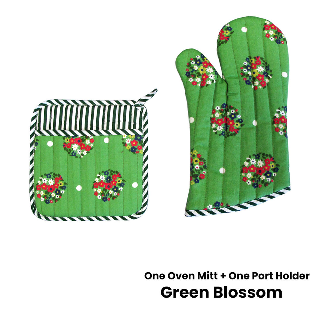 Set of 100% Cotton Printed Oven Mitt + Pot Holder Green Blossom