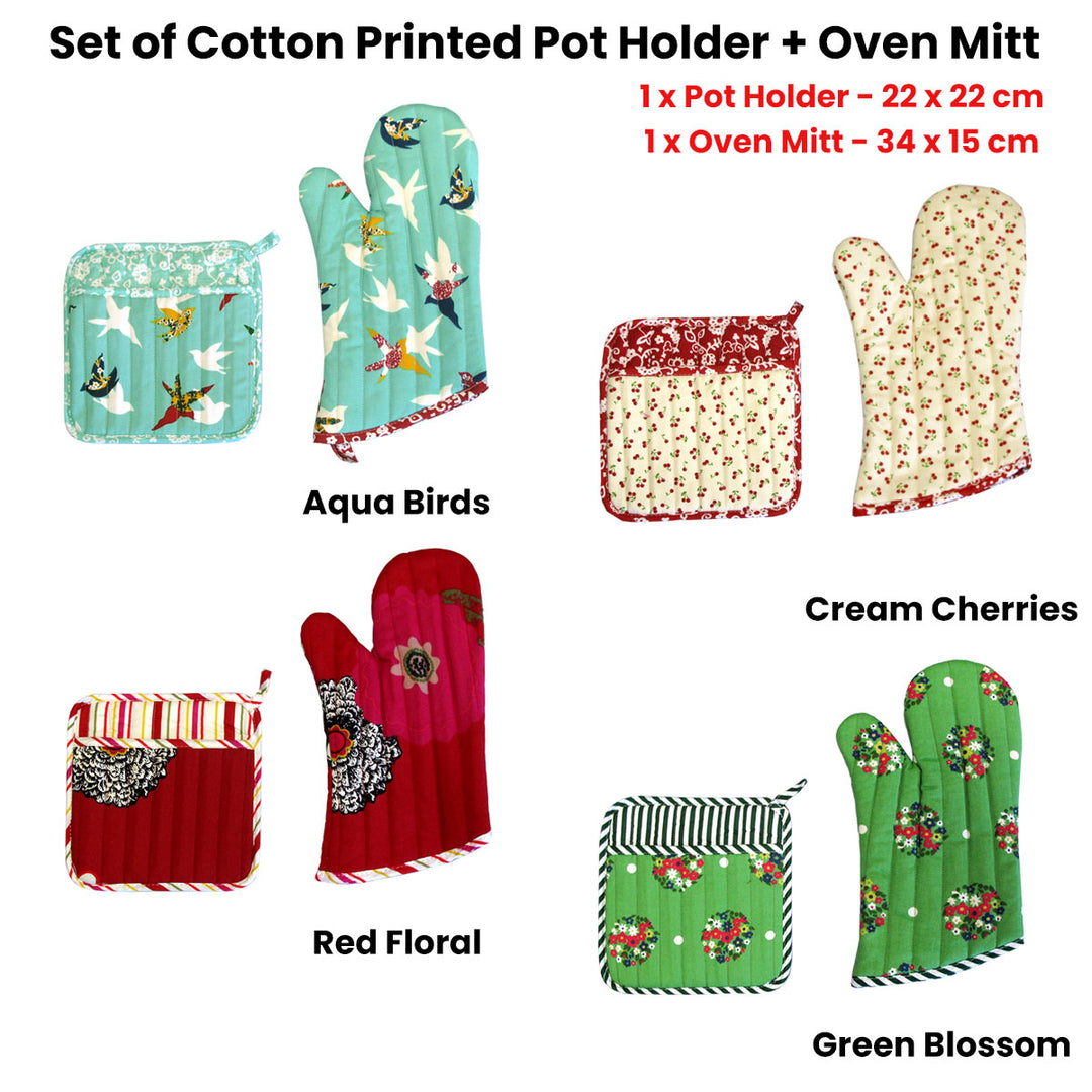 Set of 100% Cotton Printed Oven Mitt + Pot Holder Green Blossom