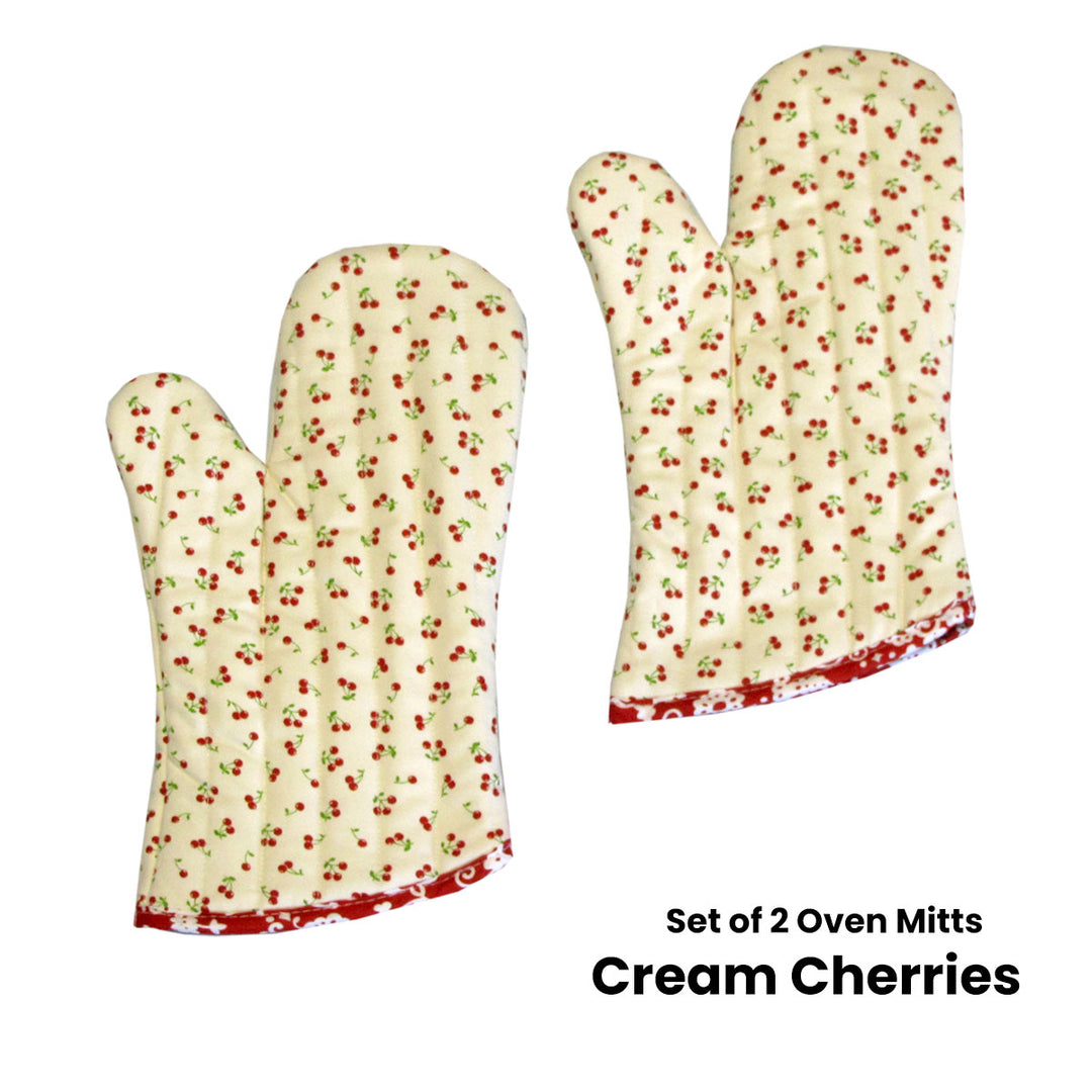 Set of 2 100% Cotton Printed Oven Mitts 34 x 15 cm Cream Cherries