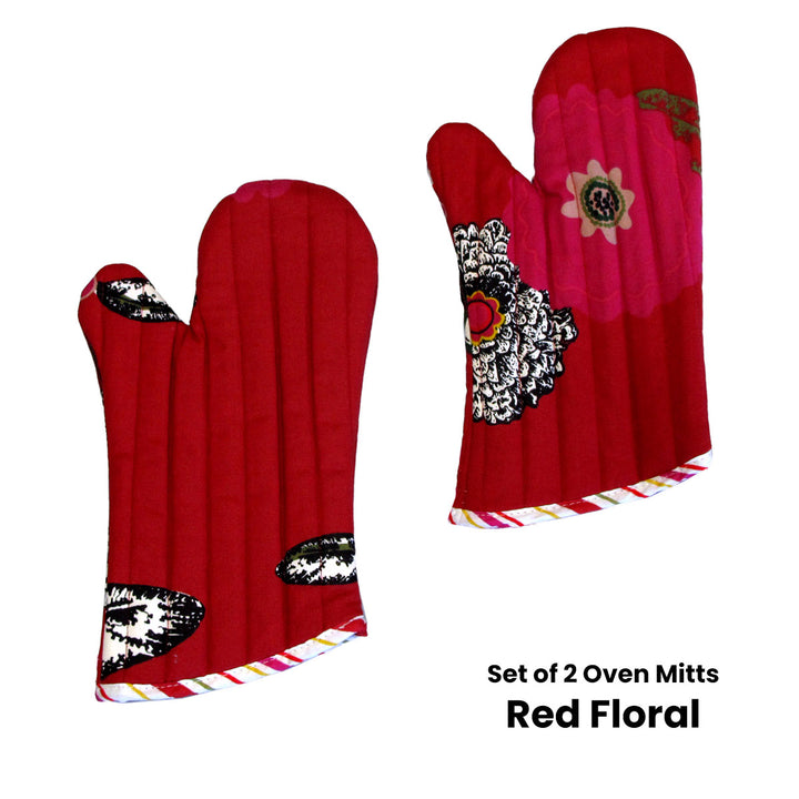 Set of 2 100% Cotton Printed Oven Mitts 34 x 15 cm Red Floral