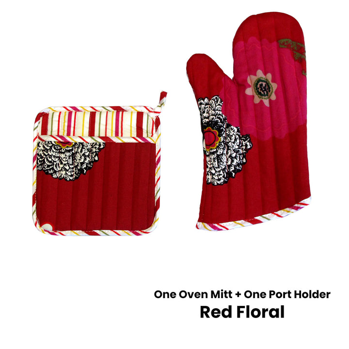 Set of 100% Cotton Printed Oven Mitt + Pot Holder Red Floral