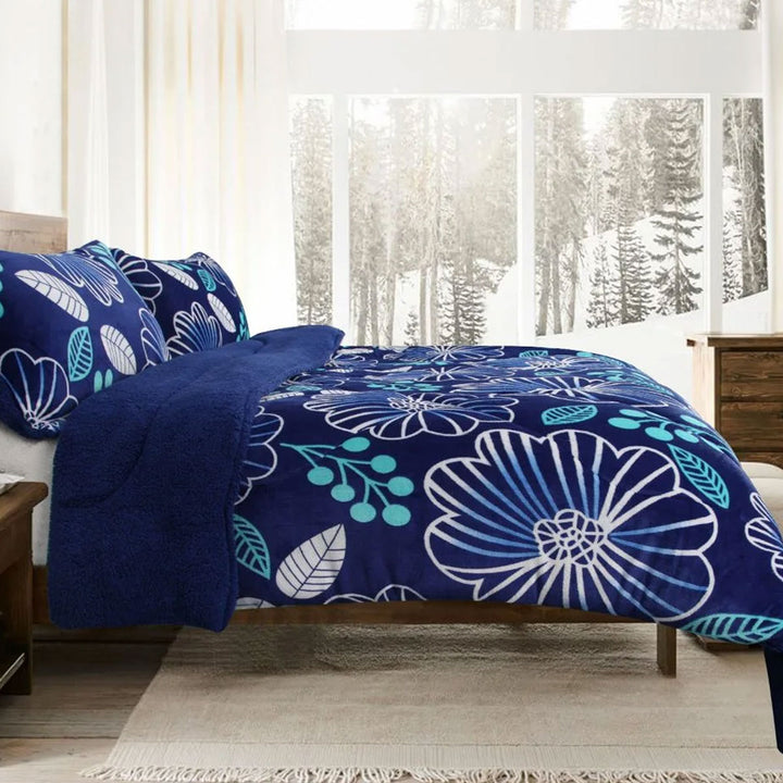 Ramesses Blue Flower Printed Sherpa Flannel Fleece Reversible Blanket Set Queen/King