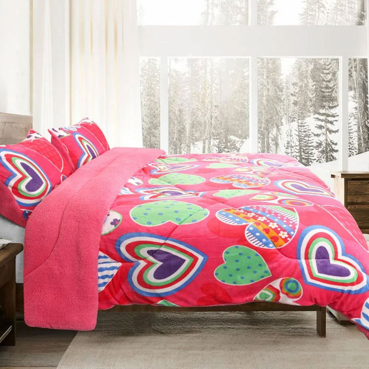 Ramesses Pink Heart Printed Sherpa Flannel Fleece Reversible Blanket Set Single/Double