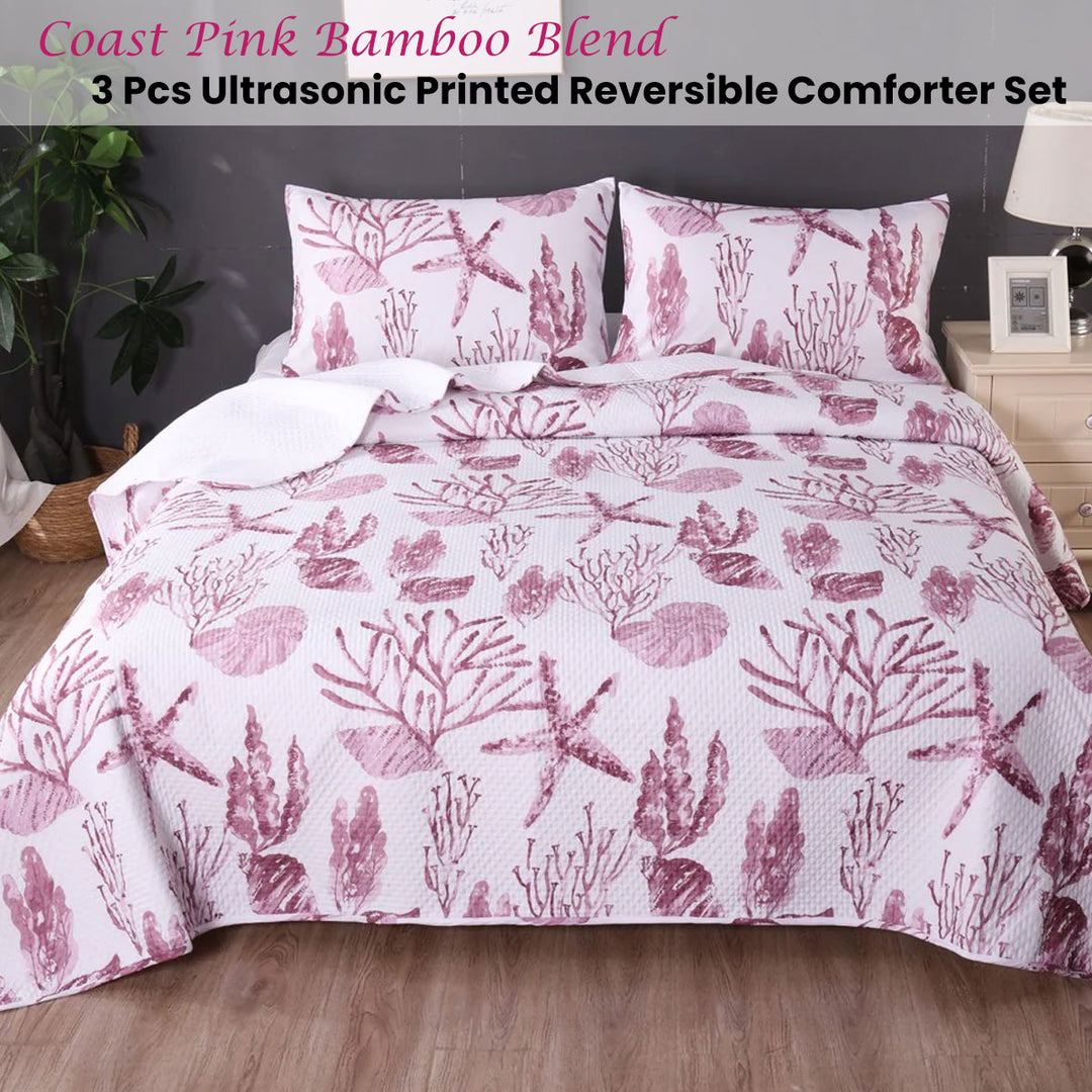 Ramesses Coast Pink 3 Pcs Bamboo Blend Ultrosonic Reversible Comforter Set King