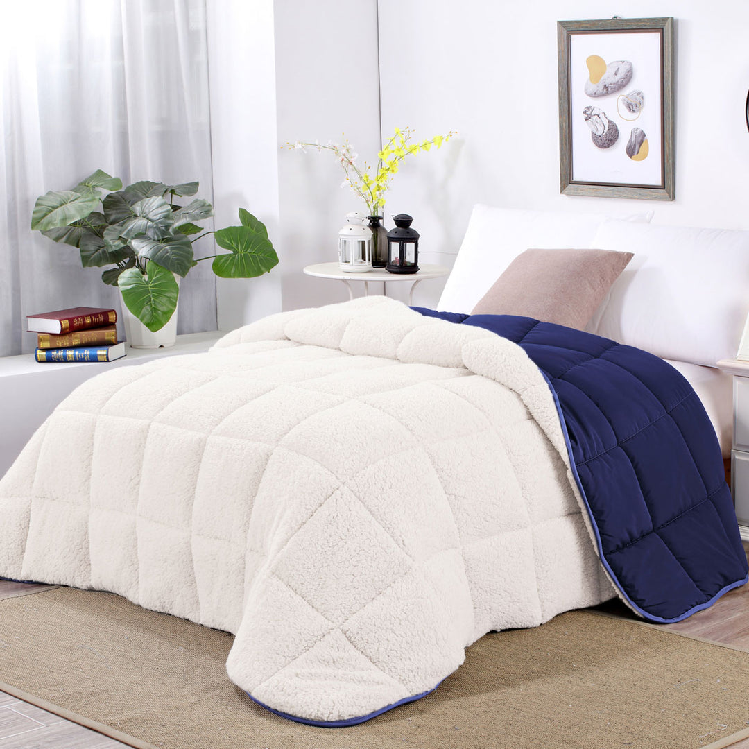 Shangri La Blue Depth Sherpa Fleece Reversible 3 Pcs Comforter Set King