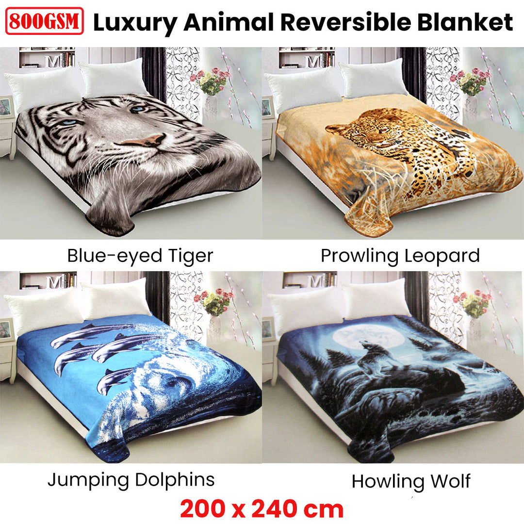 800GSM Luxury Reversible Animal Pattern Mink Blanket Queen 200 x 240 cm Blue-eyed Tiger