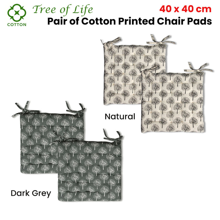 Lylac Homewares Tree of Life Set of 2 Cotton Chair Pads Dark Grey