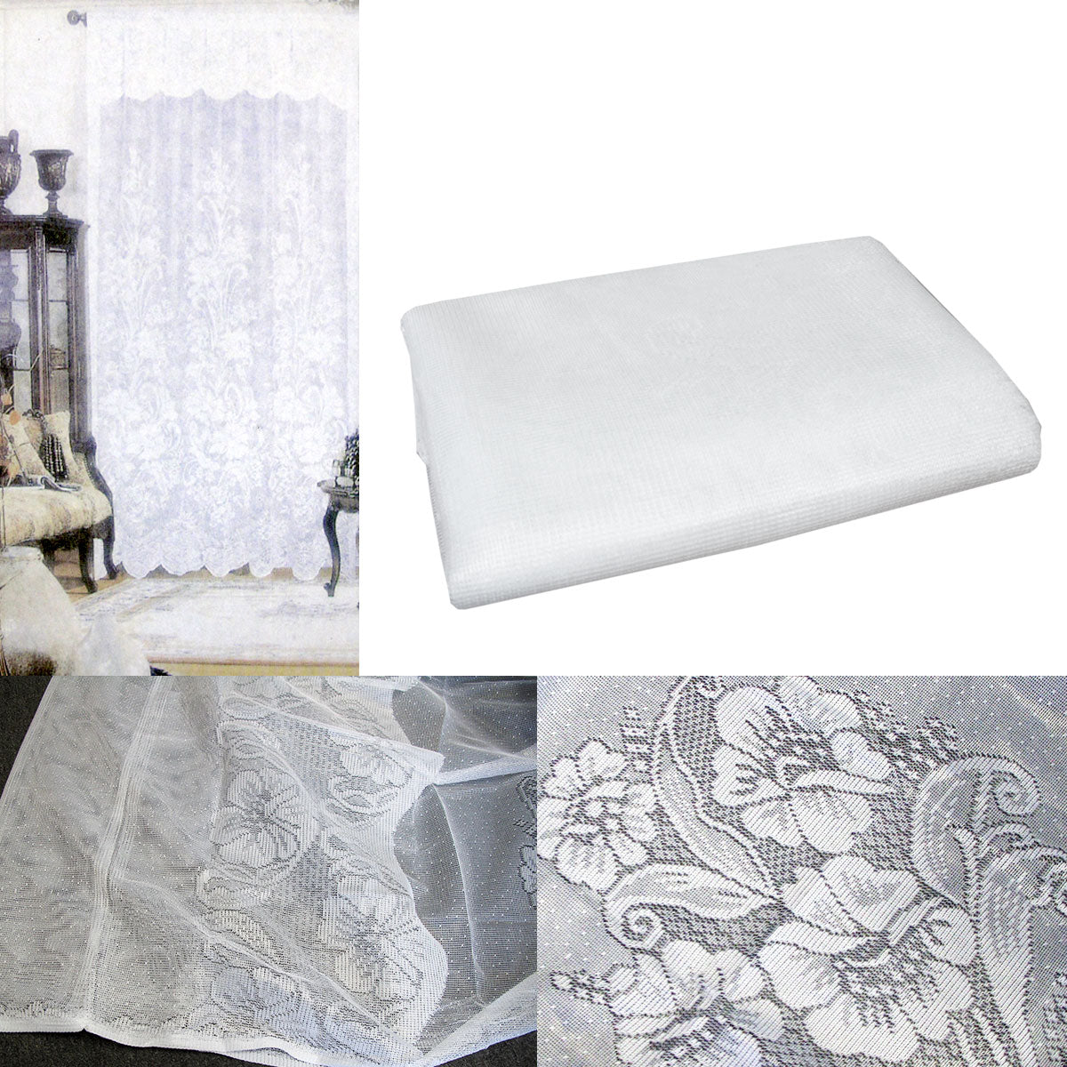 Gardenia White One Piece Rod Pocket Lace Curtain with Attached Valance