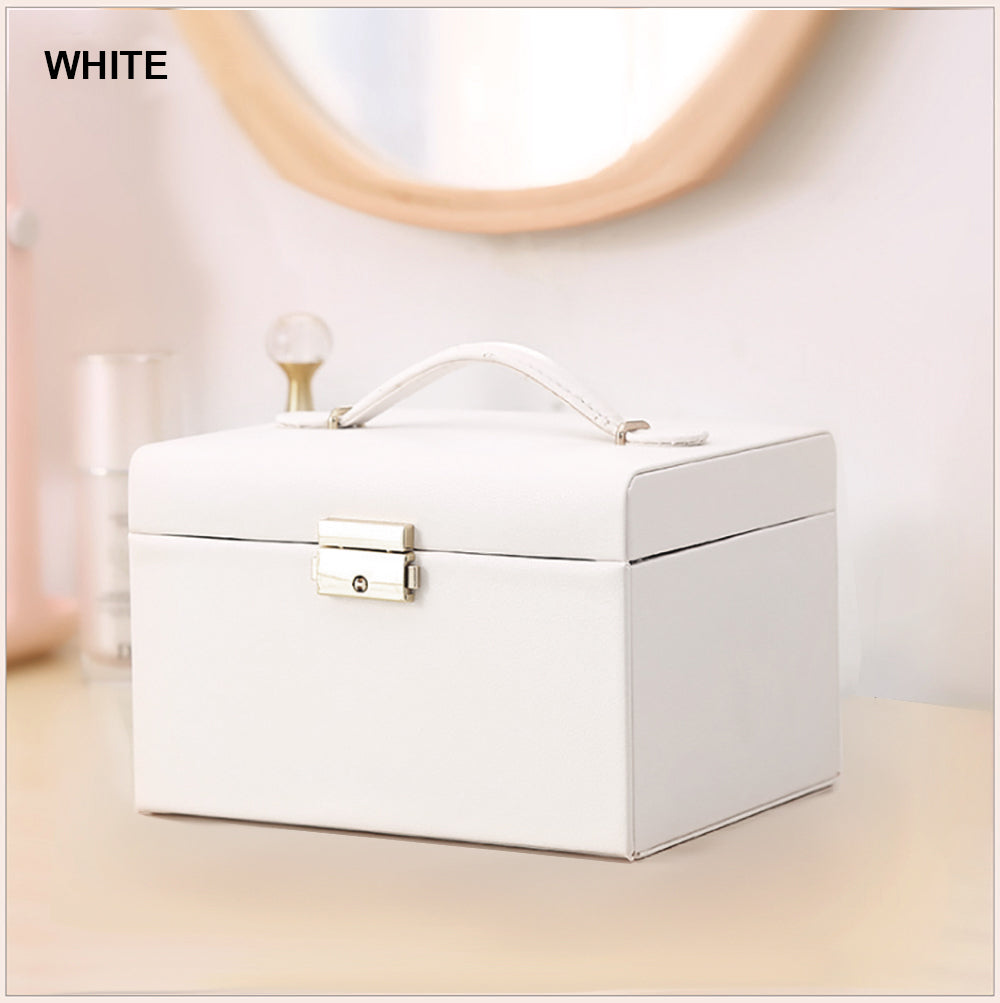 Jewellery Box With Mirror Double Drawers Organizer Storage Lock Case(White)