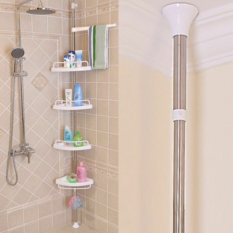 Telescopic Spring Tension Pole 4 Shelf Corner Bath Shower Rack Caddy Organiser