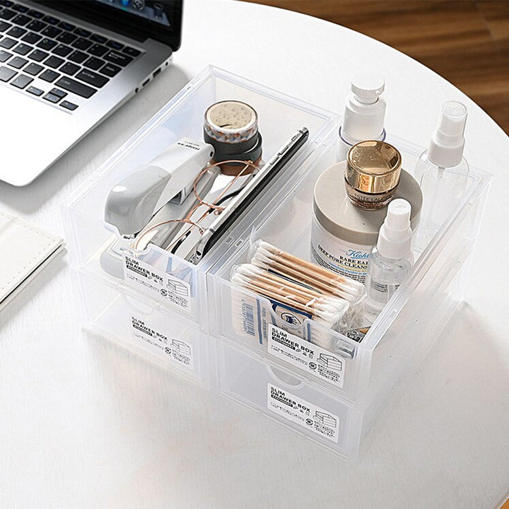 4 Pcs Set Stackable Desktop storage Box Drawer Transparent Plastic Stationery Cosmetic Organizer Box(White)