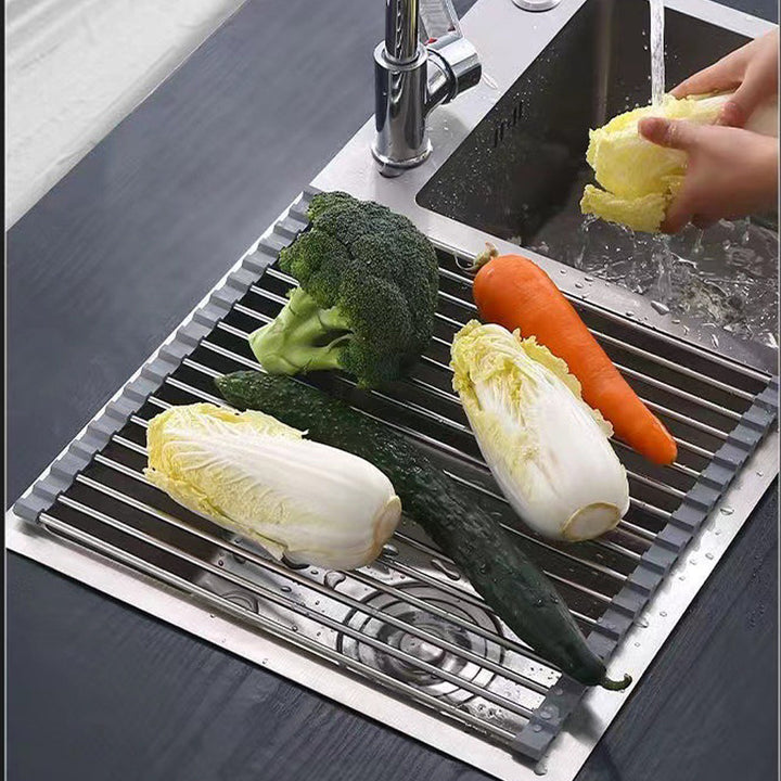 Kitchen Roll-Up Dish Drying Rack Foldable Drainer Over Sink 304-Stainless Steel(Large:47*37cm)