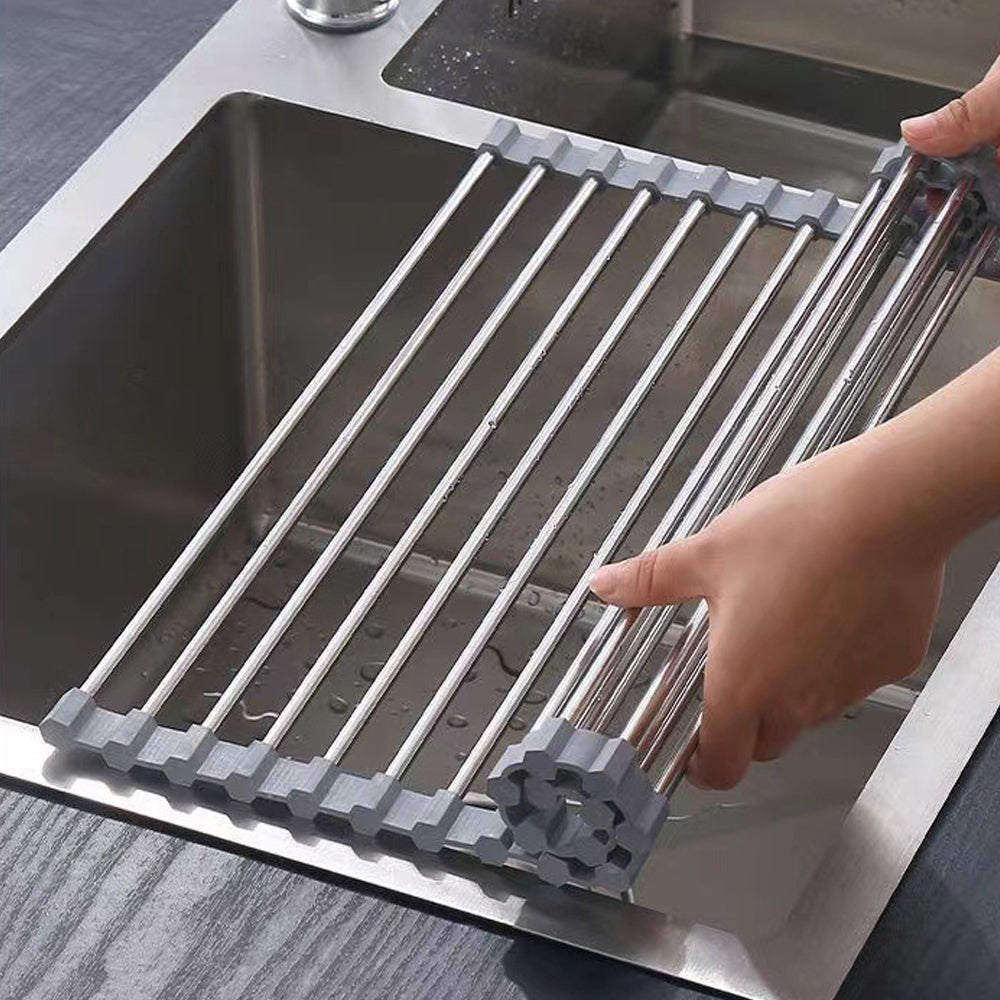 Kitchen Roll-Up Dish Drying Rack Foldable Drainer Over Sink 304-Stainless Steel(Large:47*37cm)