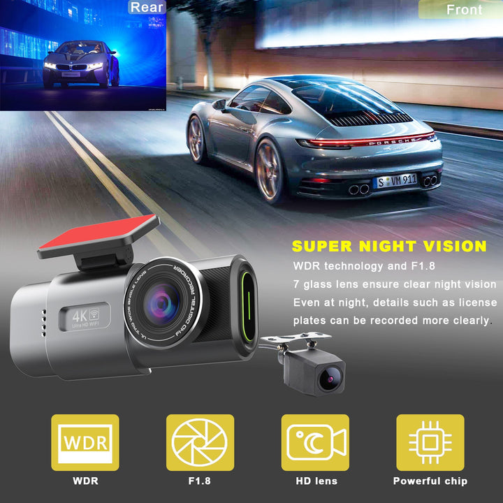 4K Dash Cam UHD 2160P WiFi Front Dashcam Night Vision Car Camera with 64GB Card