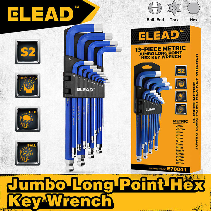 ELEAD 13Pc Extra Large Hex Key Set Long Allen Key Wrench Ball End Metric 2-19mm