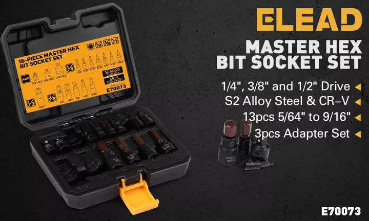 16Pc SAE Hex Bit Impact Socket Set 5/64"-9/16" Allen Socket Set Socket Adapter