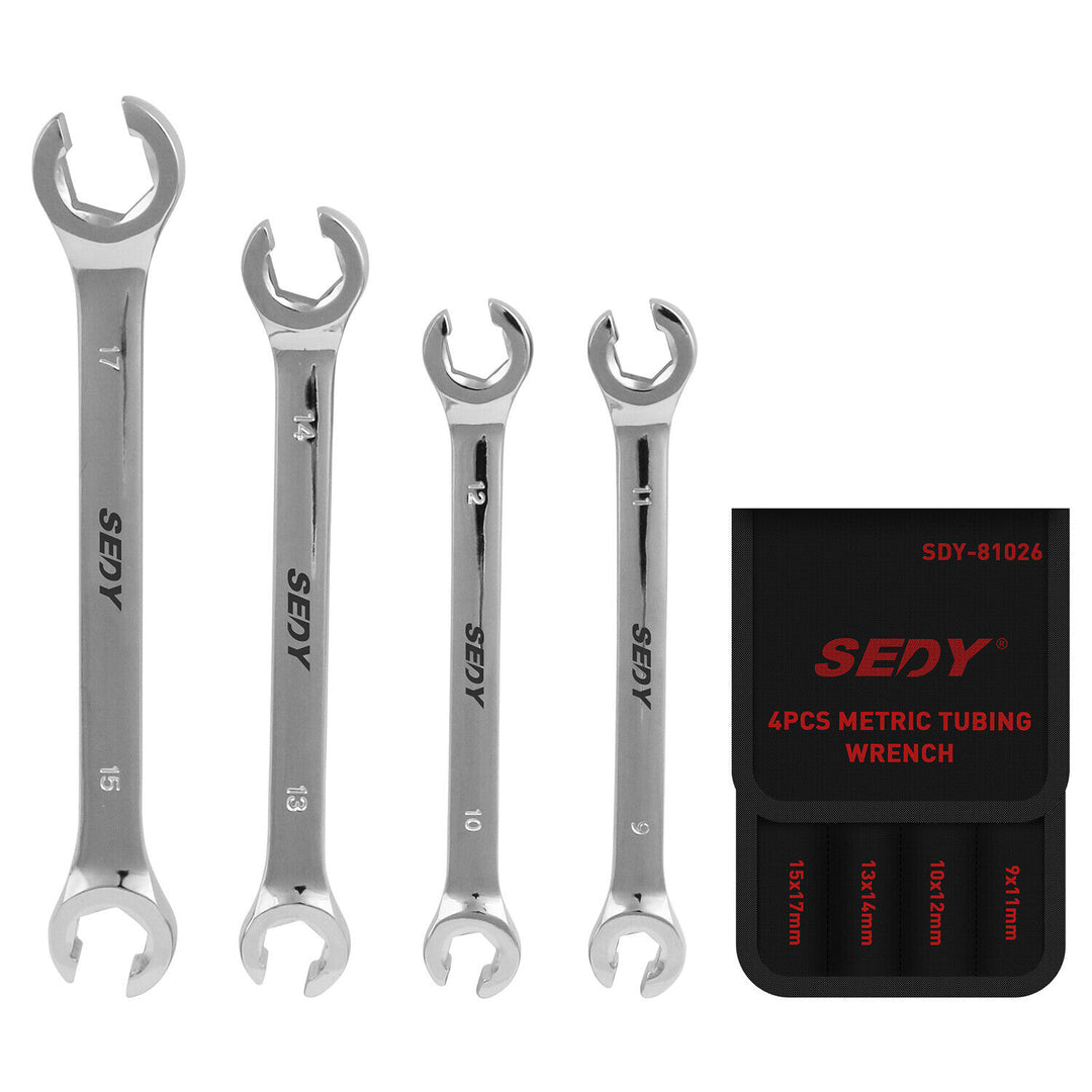 SEDY 4Pc Flare Nut Wrench Set Offset End Spanner Metric CR-V Steel Storage Pouch