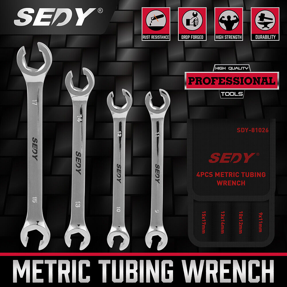 SEDY 4Pc Flare Nut Wrench Set Offset End Spanner Metric CR-V Steel Storage Pouch