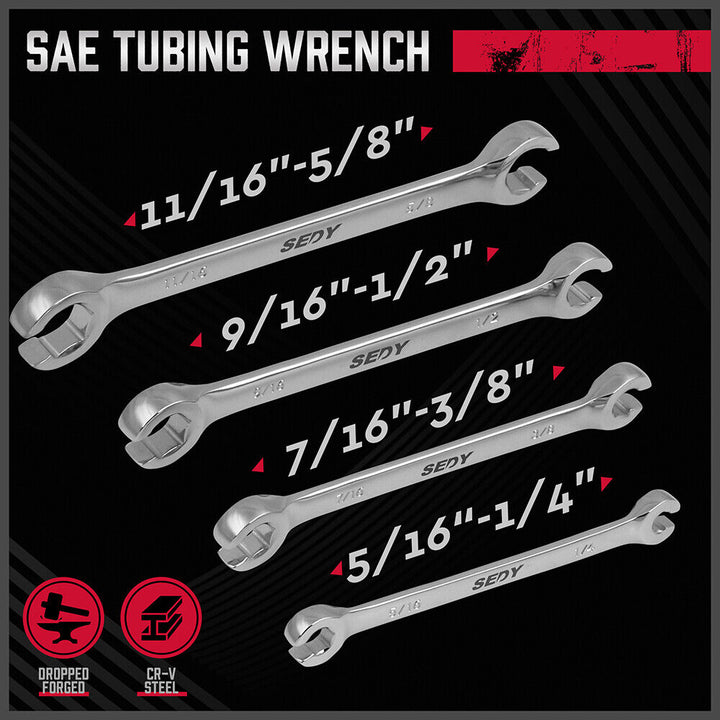 SEDY 4Pc Flare Nut Spanner Set SAE Brake Line Wrench Offset Head Organizer Pouch