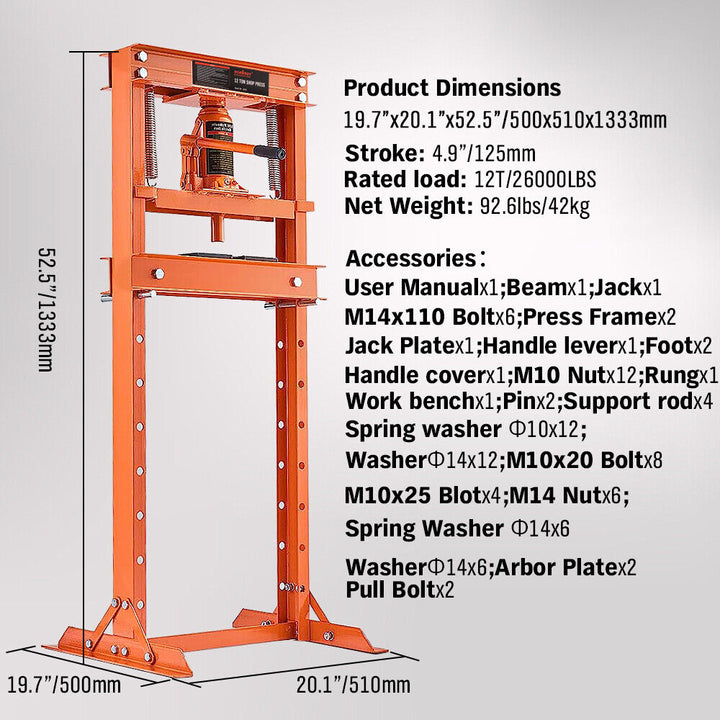 HORUSDY 12T Hydraulic Shop Press Bending H-Frame Benchtop Jack Stand Heavy Duty