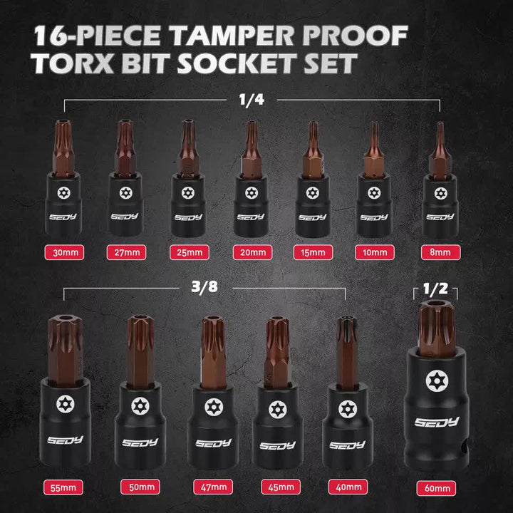 16-Piece Torx Star Bit Socket Set Magnetic Socket Rail Organizer T8-T60 Adapters