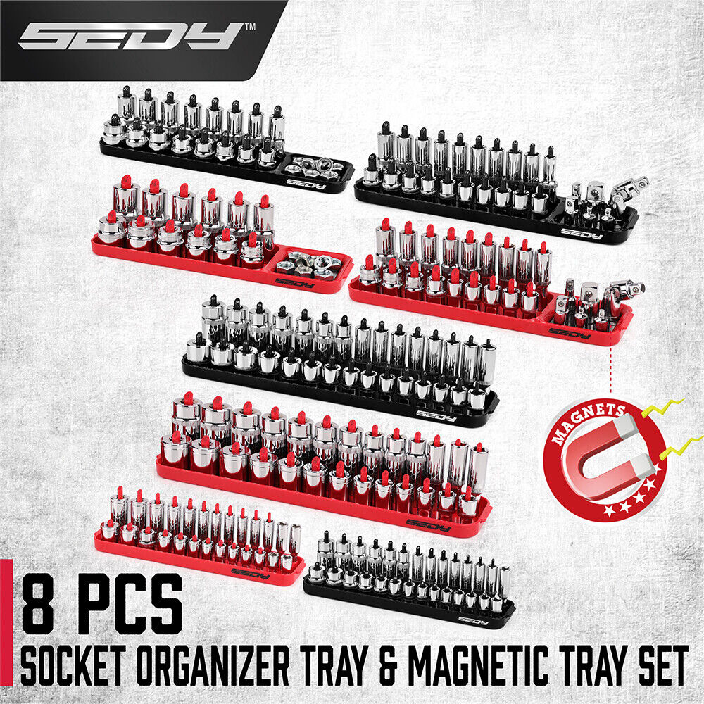 SEDY 8Pcs Magnetic Socket Organizer Tray Metric SAE Sockets Storage Holder Tool