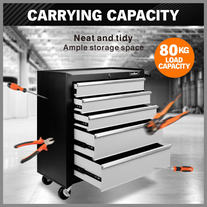 HORUSDY 5 Drawer Tool Box Trolley Cabinet Storage Cart Garage Organiser Lockable