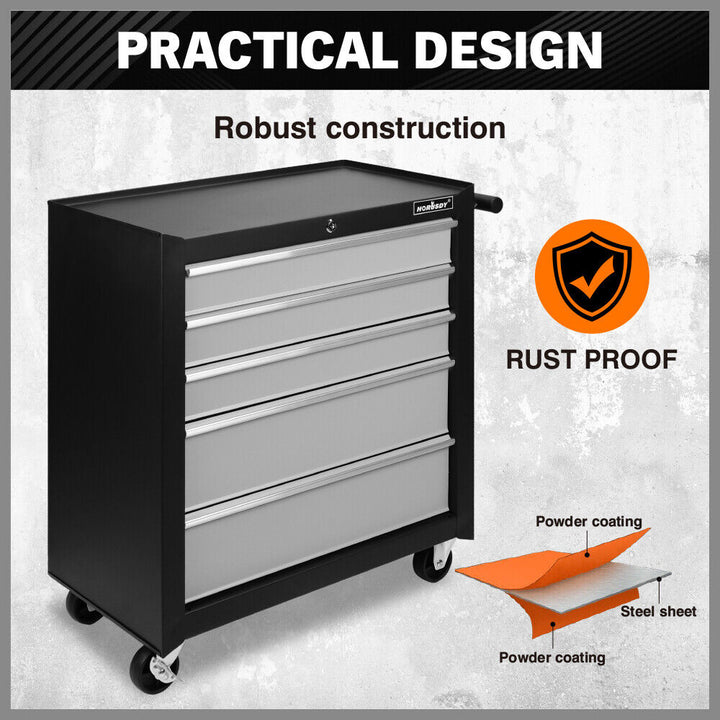 HORUSDY 5 Drawer Tool Box Trolley Cabinet Storage Cart Garage Organiser Lockable