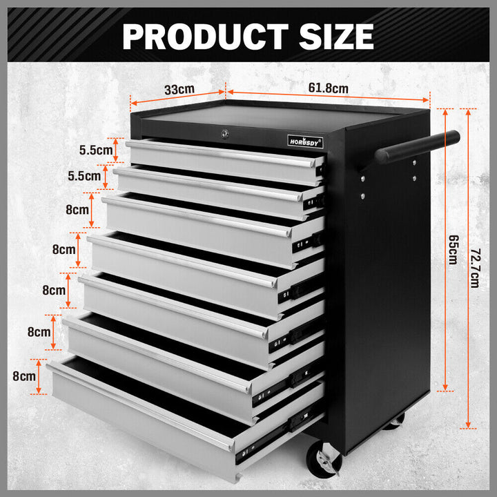 HORUSDY 7 Drawer Tool Box Trolley Cabinet Storage Cart Garage Organiser Lockable