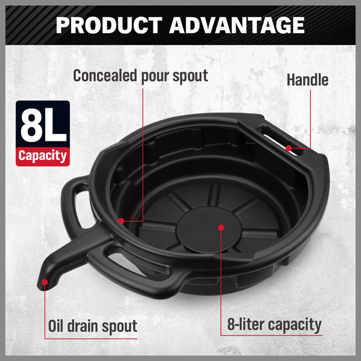 SEDY 8L Oil Change Pan Drain Tray Portable Dish Coolant Recovery Pan Black