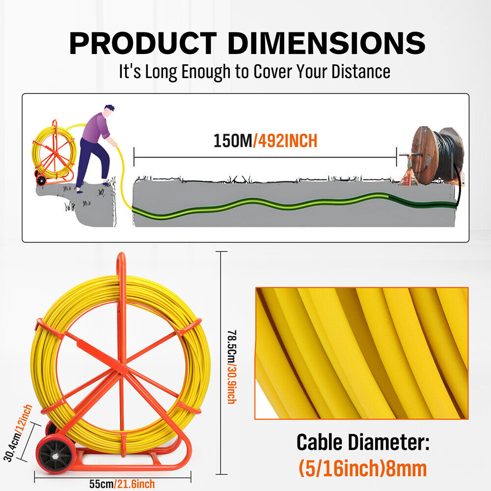 150M×8MM Fish Tape Puller Fiberglass Wire Cable Running Duct Rodder Heavy Duty