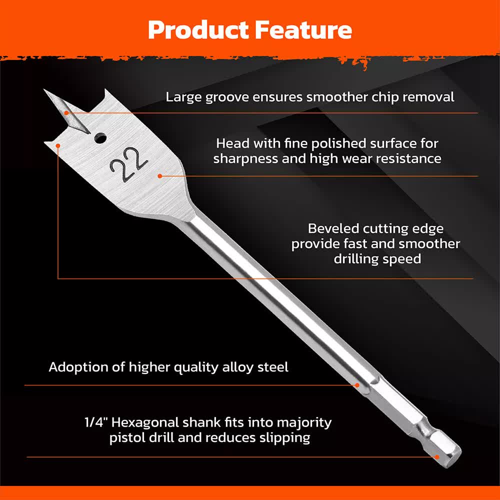 6-Pieces Flat Wood Boring Spade Drill Bit Set Drillbits 10-25mm Bits 1/4" Shank