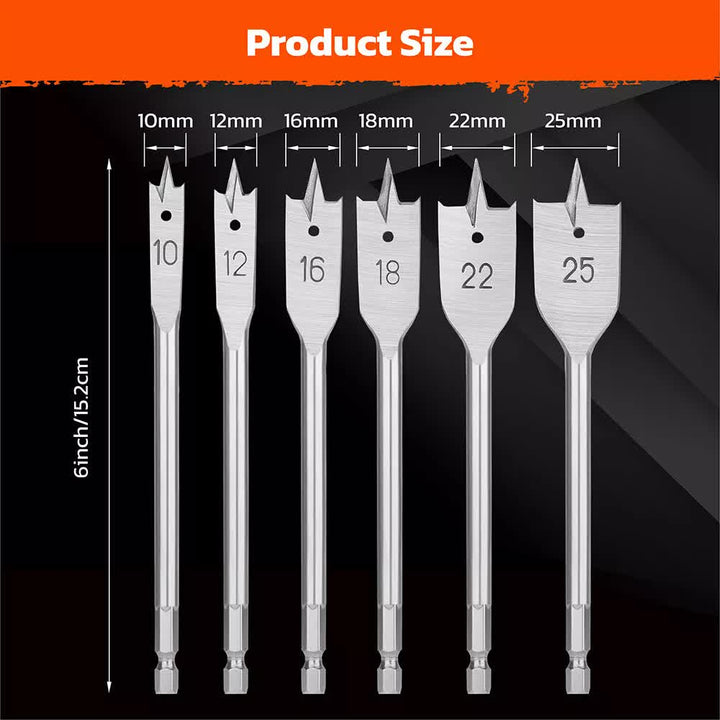 6-Pieces Flat Wood Boring Spade Drill Bit Set Drillbits 10-25mm Bits 1/4" Shank