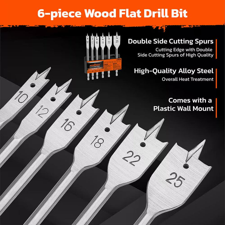 6-Pieces Flat Wood Boring Spade Drill Bit Set Drillbits 10-25mm Bits 1/4" Shank