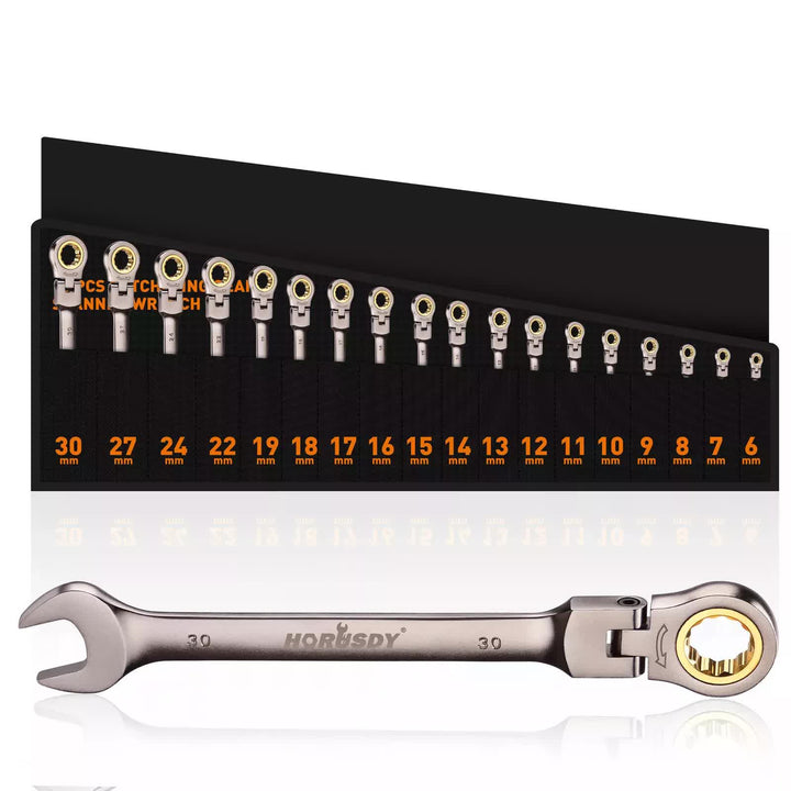 HORUSDY 18Pc Flexi-Head Ratchet Spanner Set Metric 6-30mm Spanners Nickle Plated