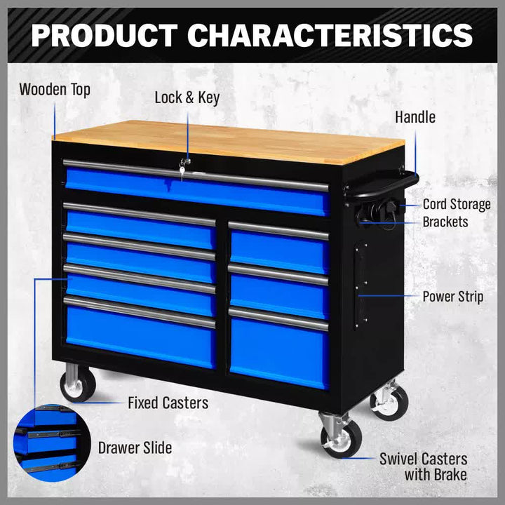 HORUSDY 42 inch 8 Drawer Tool Cabinet 1000 lbs Wood Top Power Strip Casters Blue