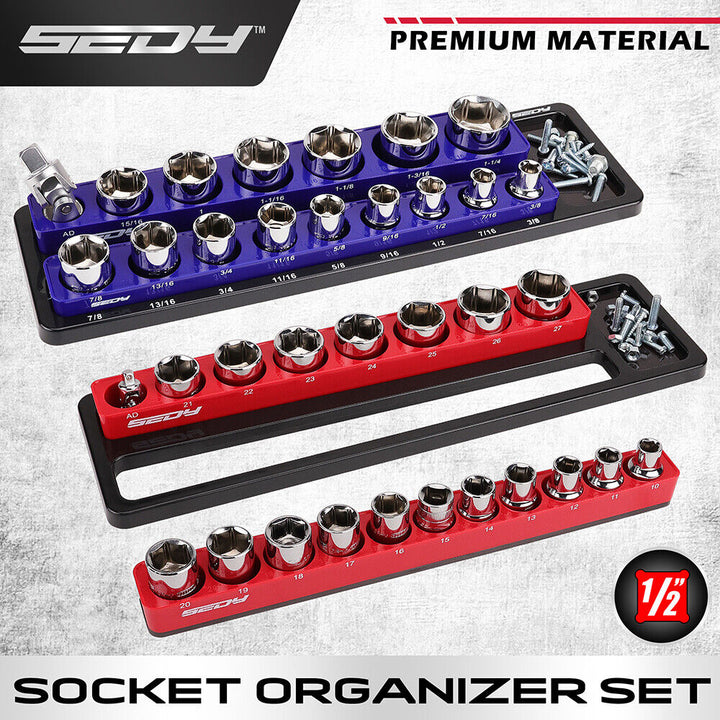 SEDY 2Pc Magnetic Socket Organizer 1/2 Drive Metric SAE Sockets Storage Holder