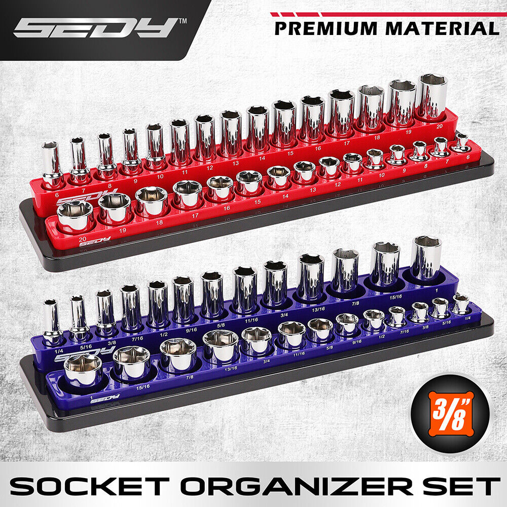 SEDY 2Pc 3/8" Drive Magnetic Socket Organizer Metric SAE Sockets Storage Holder