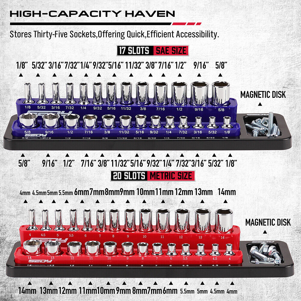 SEDY Magnetic Socket Holder Organizer Set Detachable 1/4 Drive Metric SAE Tool