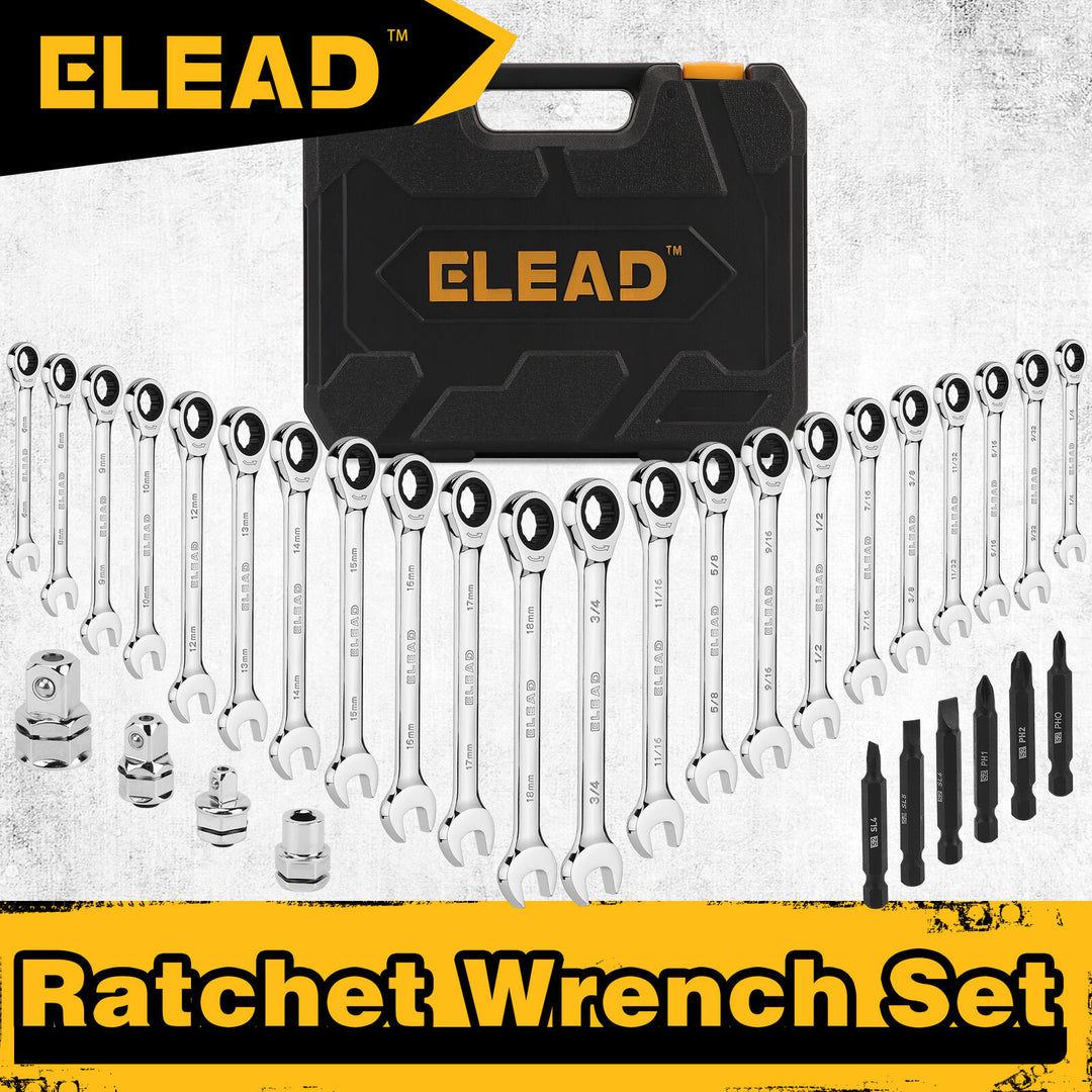 ELEAD 33Pcs Ratchet Wrench Set SAE Metric Wrench Phillips Slotted Bits Adapter