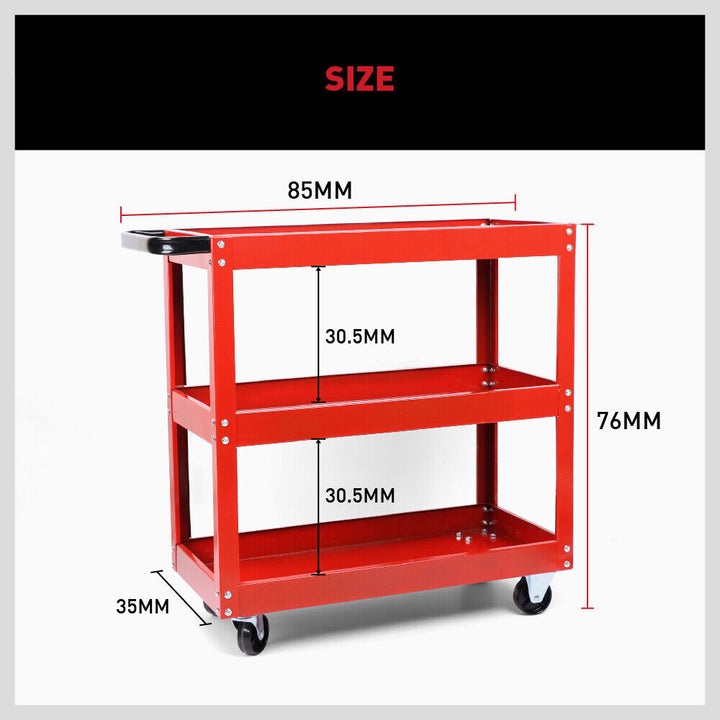 Tool Trolley 3-Tier Workshop Cart Rolling Steel Parts Storage Handyman 150KG Red