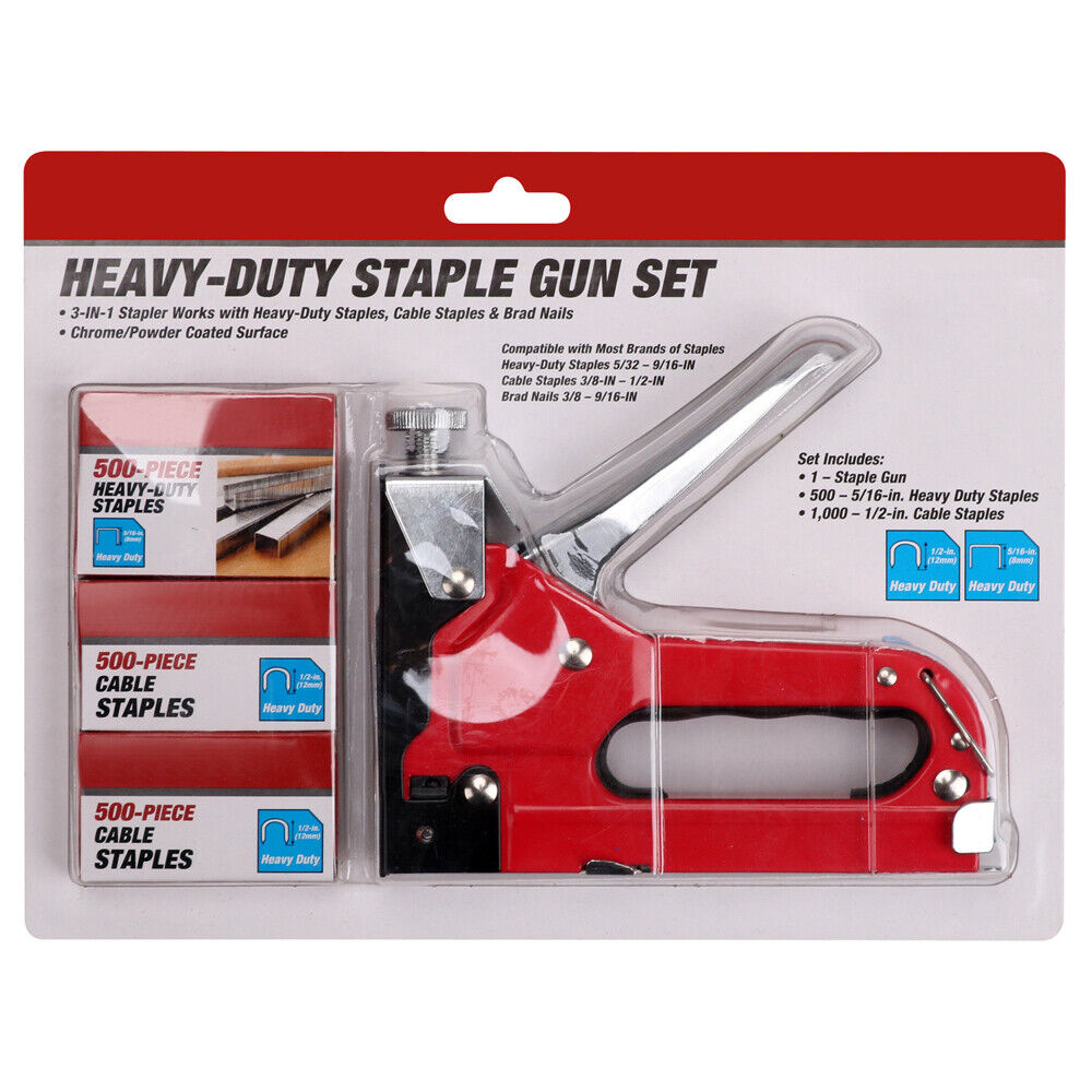 Heavy Duty Staple Gun Set 2in1 Stapler + 1500Pc Staples Tacker Hand Fastener Tool