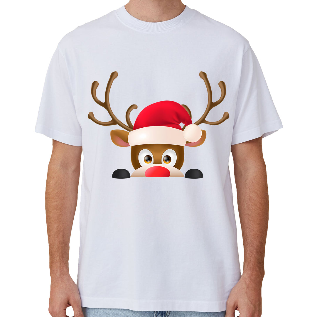 100% Cotton Christmas T-shirt Adult Unisex Tee Tops Funny Santa Party Custume, Reindeer Head (White), XL