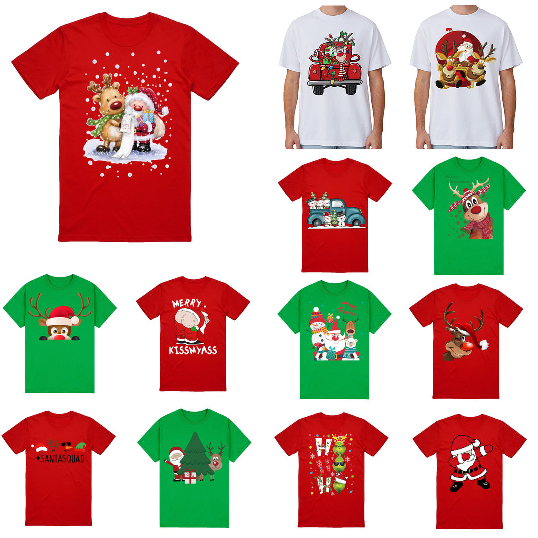 100% Cotton Christmas T-shirt Adult Unisex Tee Tops Funny Santa Party Custume, Reindeer Head (White), 2XL