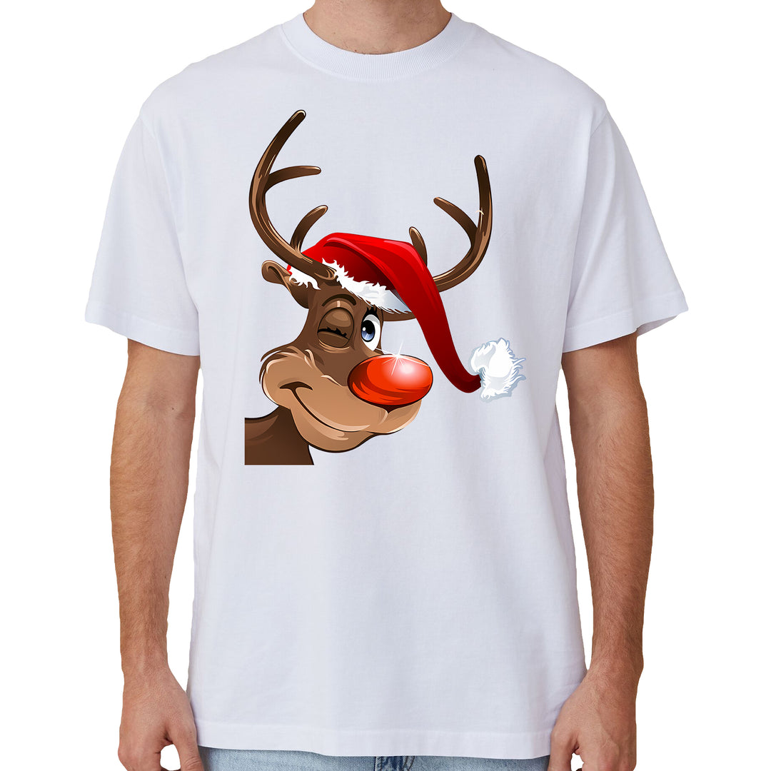 100% Cotton Christmas T-shirt Adult Unisex Tee Tops Funny Santa Party Custume, Reindeer Wink (White), XL