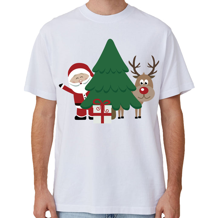 100% Cotton Christmas T-shirt Adult Unisex Tee Tops Funny Santa Party Custume, Santa with Tree (White), XL