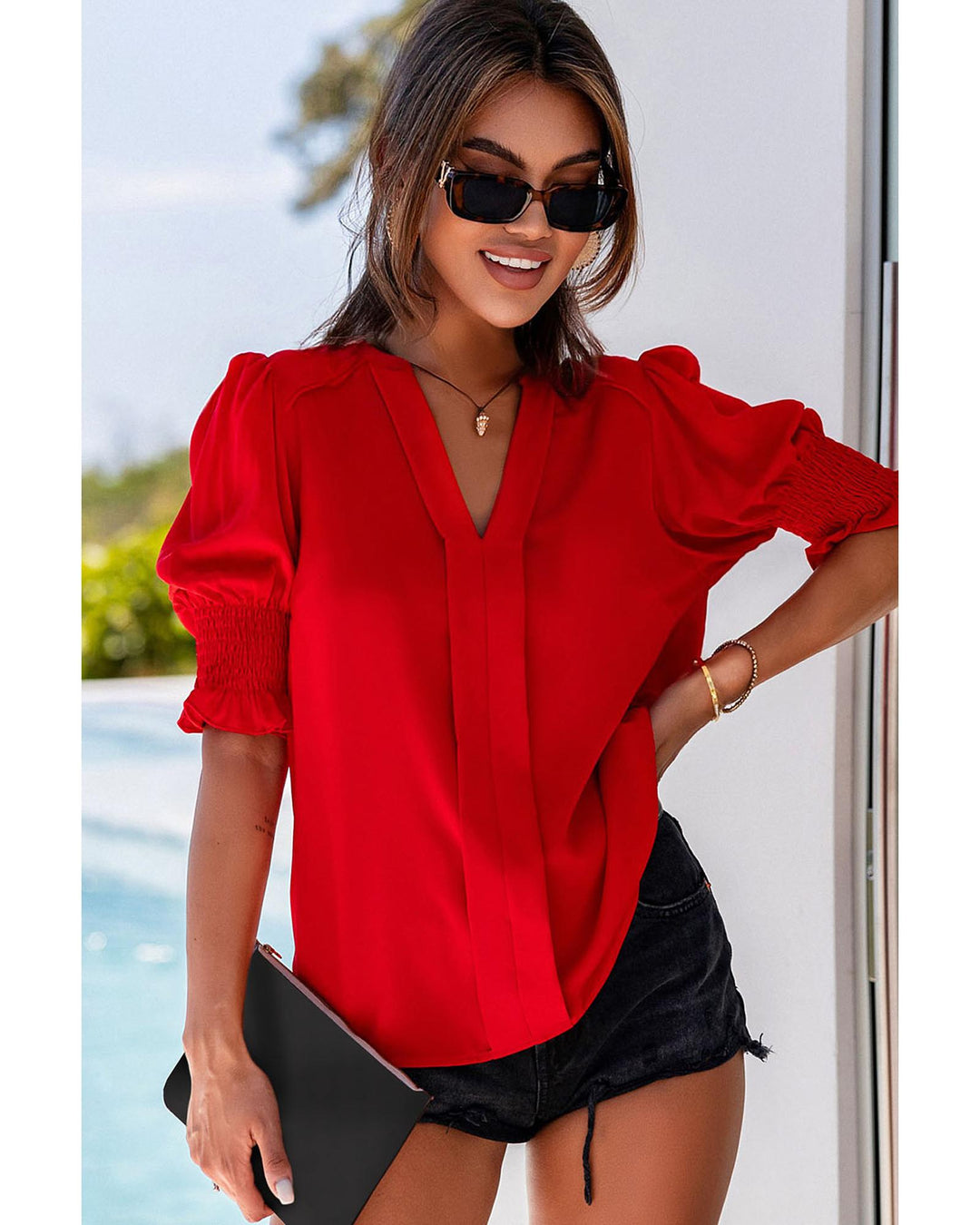 Azura Exchange Half Sleeve V Neck Blouse - M