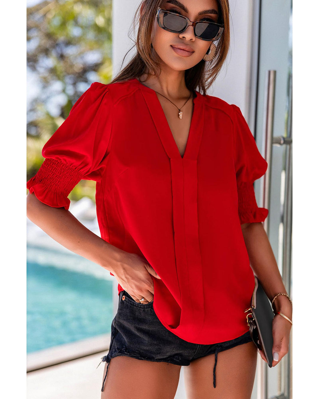 Azura Exchange Half Sleeve V Neck Blouse - S