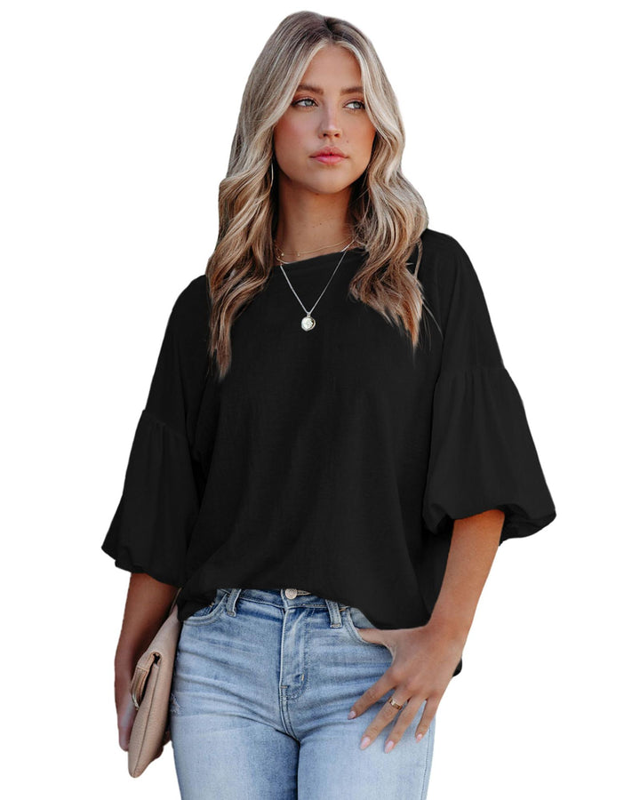 Azura Exchange Bubble Sleeve Round Neck Blouse - L