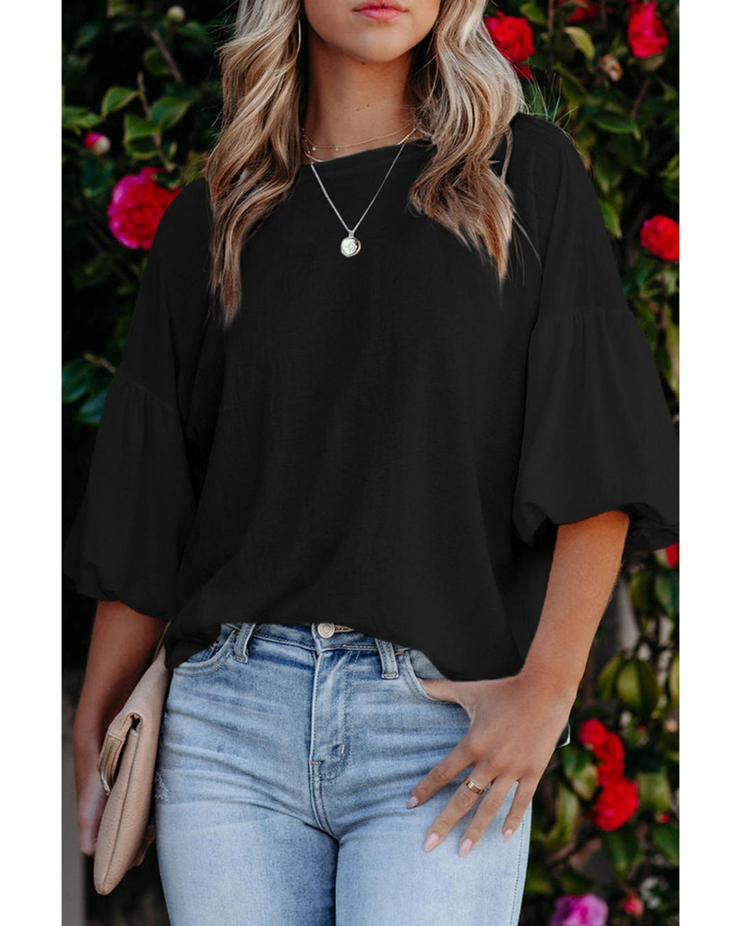 Azura Exchange Bubble Sleeve Round Neck Blouse - M